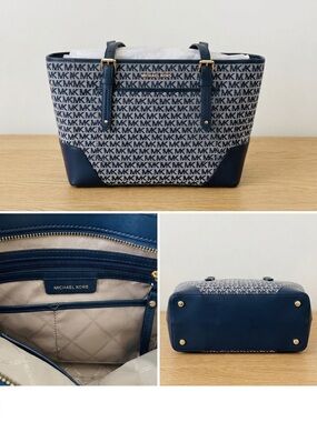 Michael Kors Aria LG Tote Bag Navy Signature MK Monogram Large Shoulder Bag